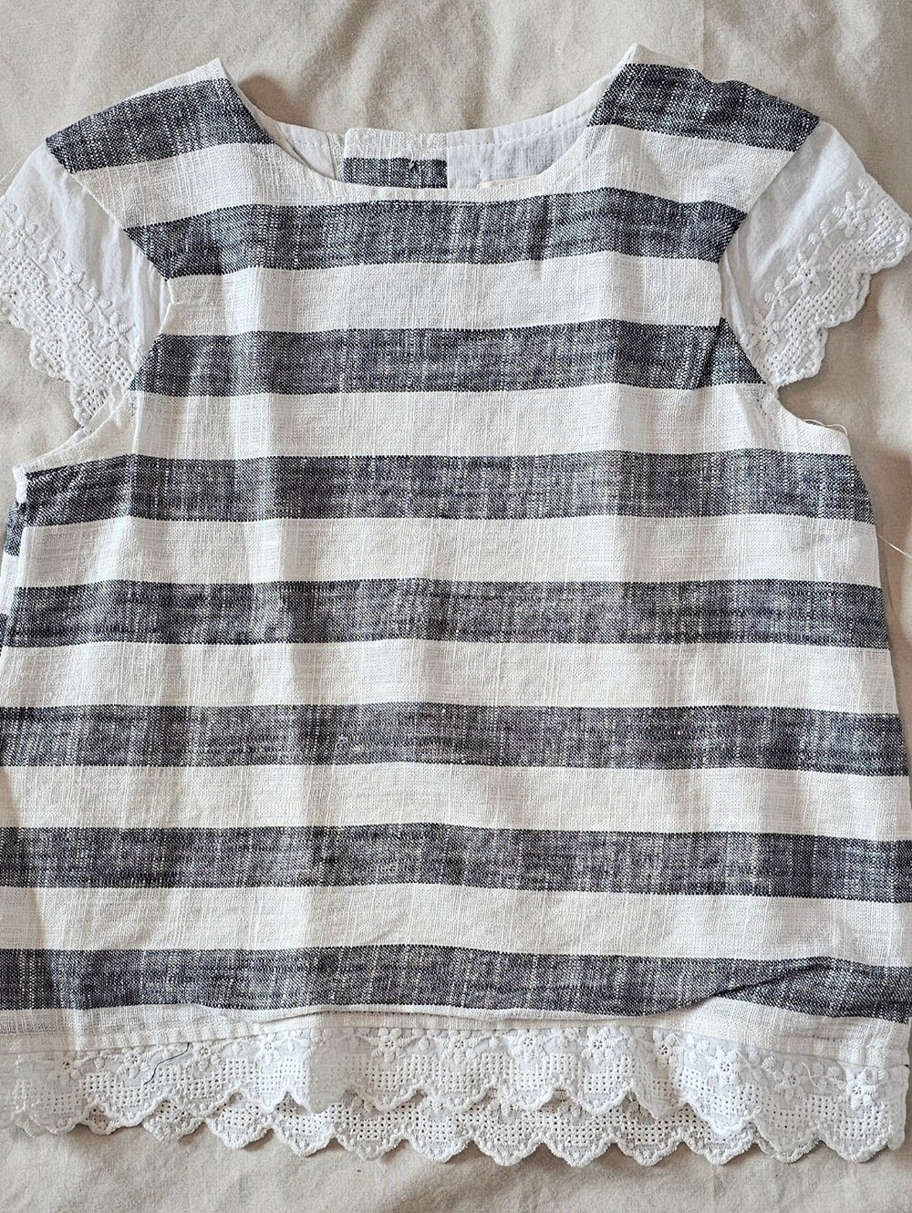 Doe A Dear Striped Linen Blend Top with Lace Trim Navy & White Toddler Girls 3T